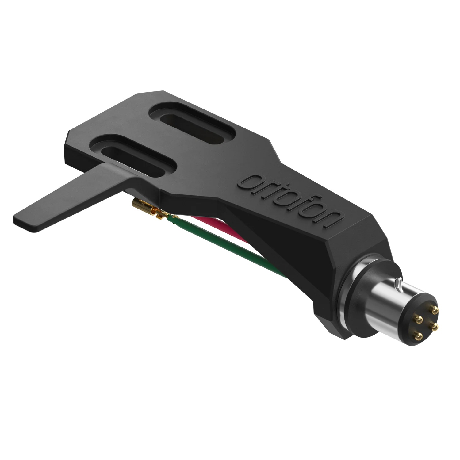 Ortofon SH-2 Black Headshell for turntable cartridges, viewed from top back left tilt, showing sleek black finish and mounting hardware.