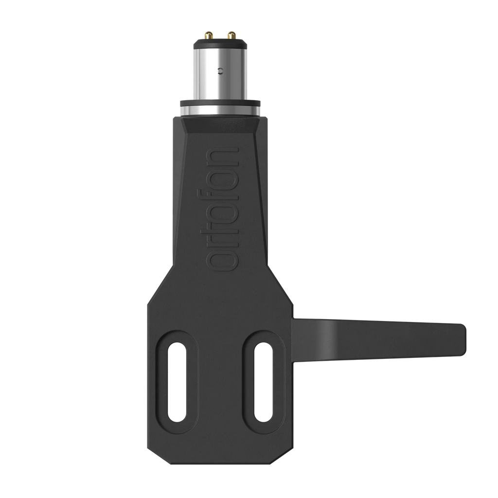 Ortofon SH-2 Black Headshell for turntable cartridges, shown from the top with sleek black finish and mounting holes for easy installation.