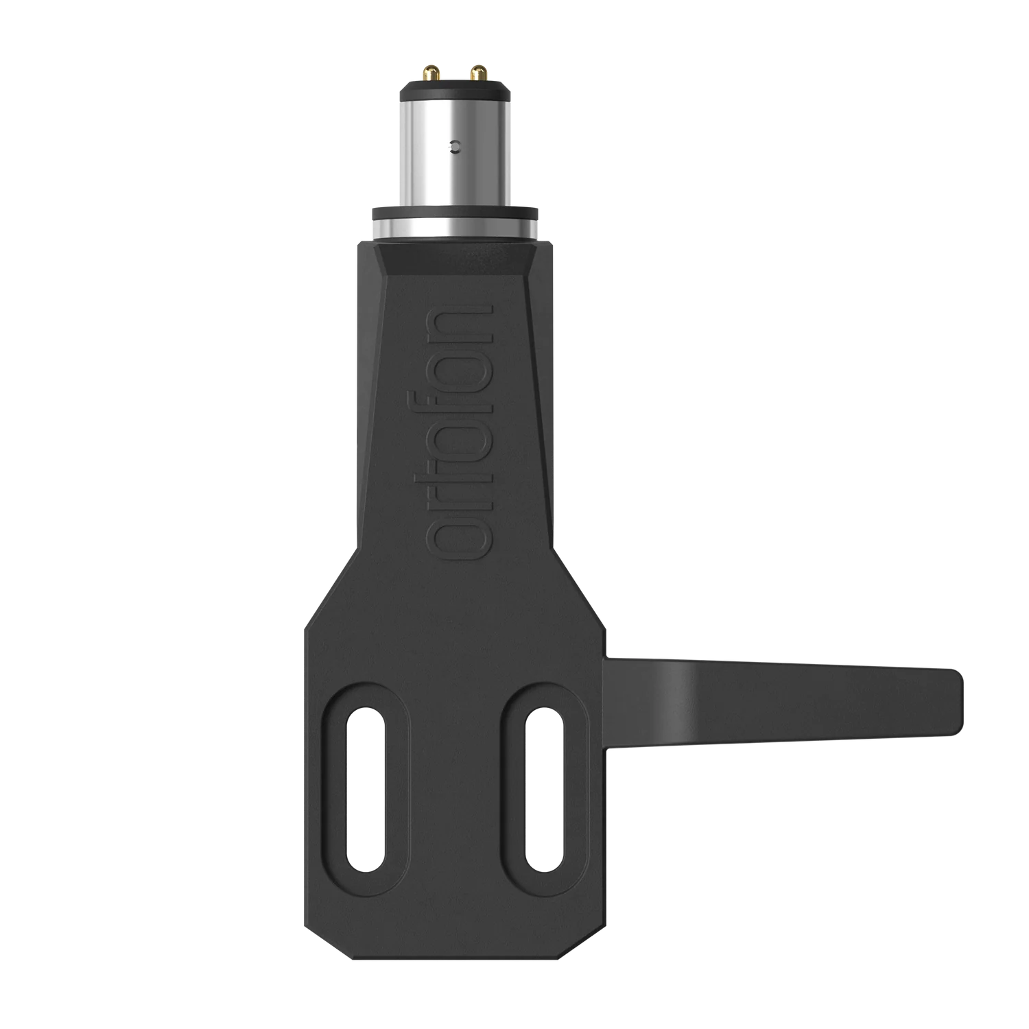Ortofon SH-2 Black Headshell for turntable cartridges, shown from the top with sleek black finish and mounting holes for easy installation.