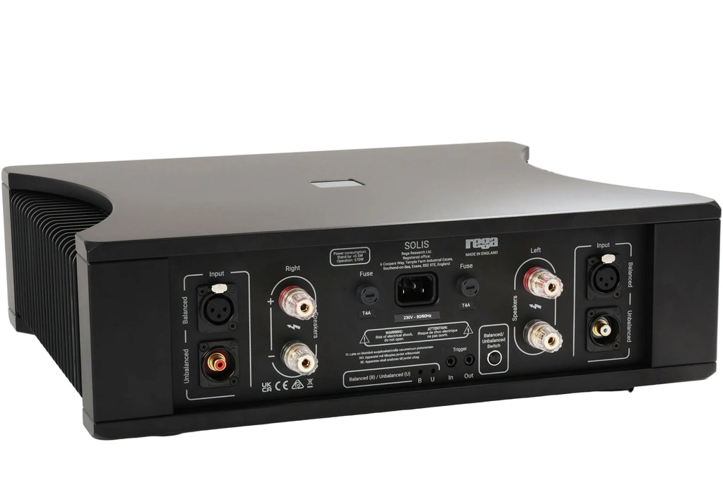 Rega Solis stereo amplifier showing rear panel with input and output connections, sleek modern design, black finish.