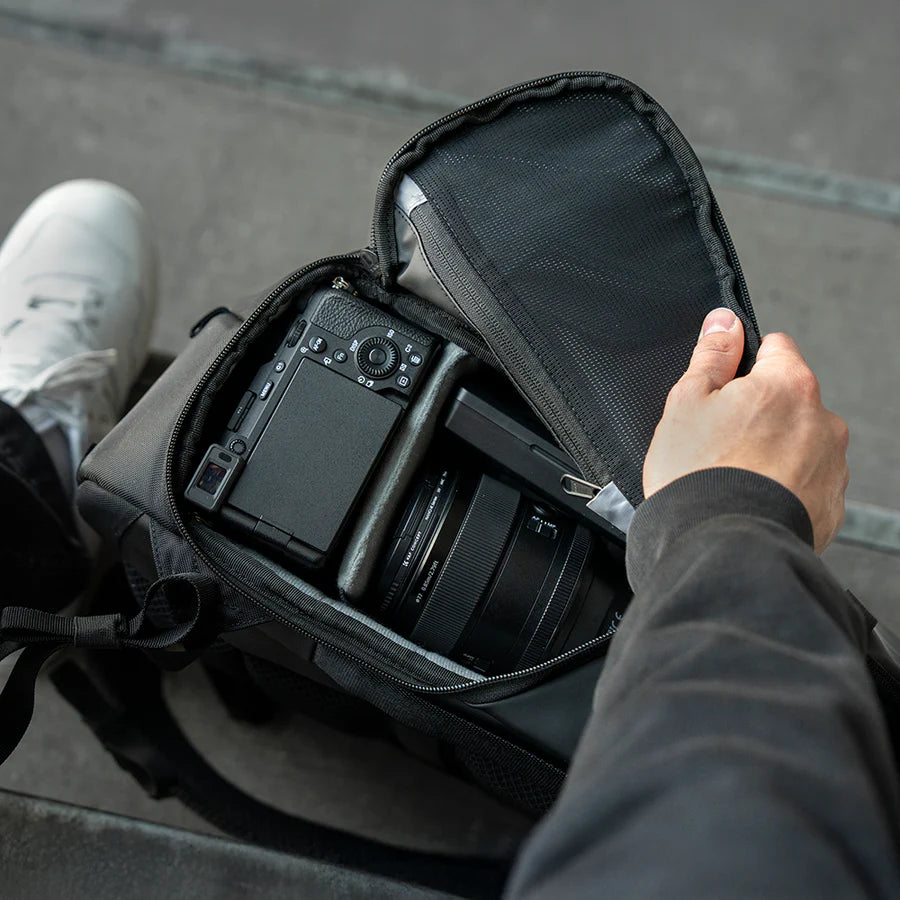 Black Wandrd Stratus Photo 18L camera and video equipment bag with padded compartments and adjustable straps.