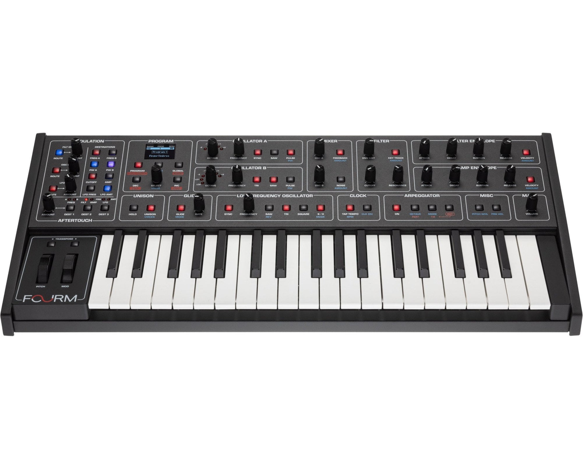 Sequential Fourm keyboard synthesizer with knobs and keys, showcasing its compact design and control panel.