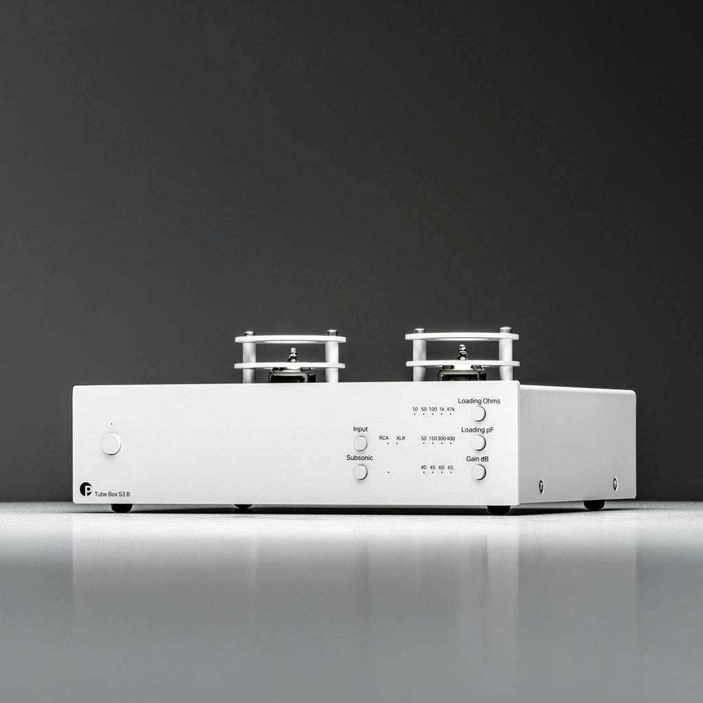 Pro-Ject Tube Box S3 B phono preamp with sleek design and control knobs, used for enhancing vinyl record audio quality.