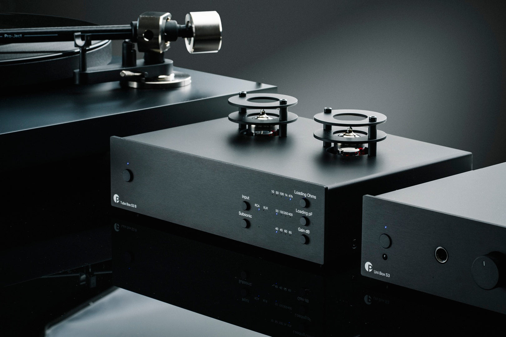 Pro-Ject Tube Box S3 B phono preamp with sleek design, featuring tubes and controls, ideal for high-quality vinyl playback.