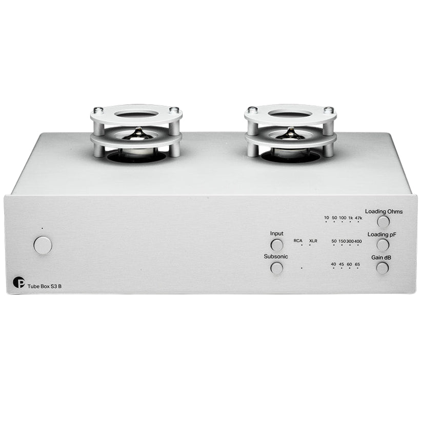 Pro-Ject Tube Box S3 B silver phono preamp with tube and control knobs, designed for high-quality vinyl record playback.