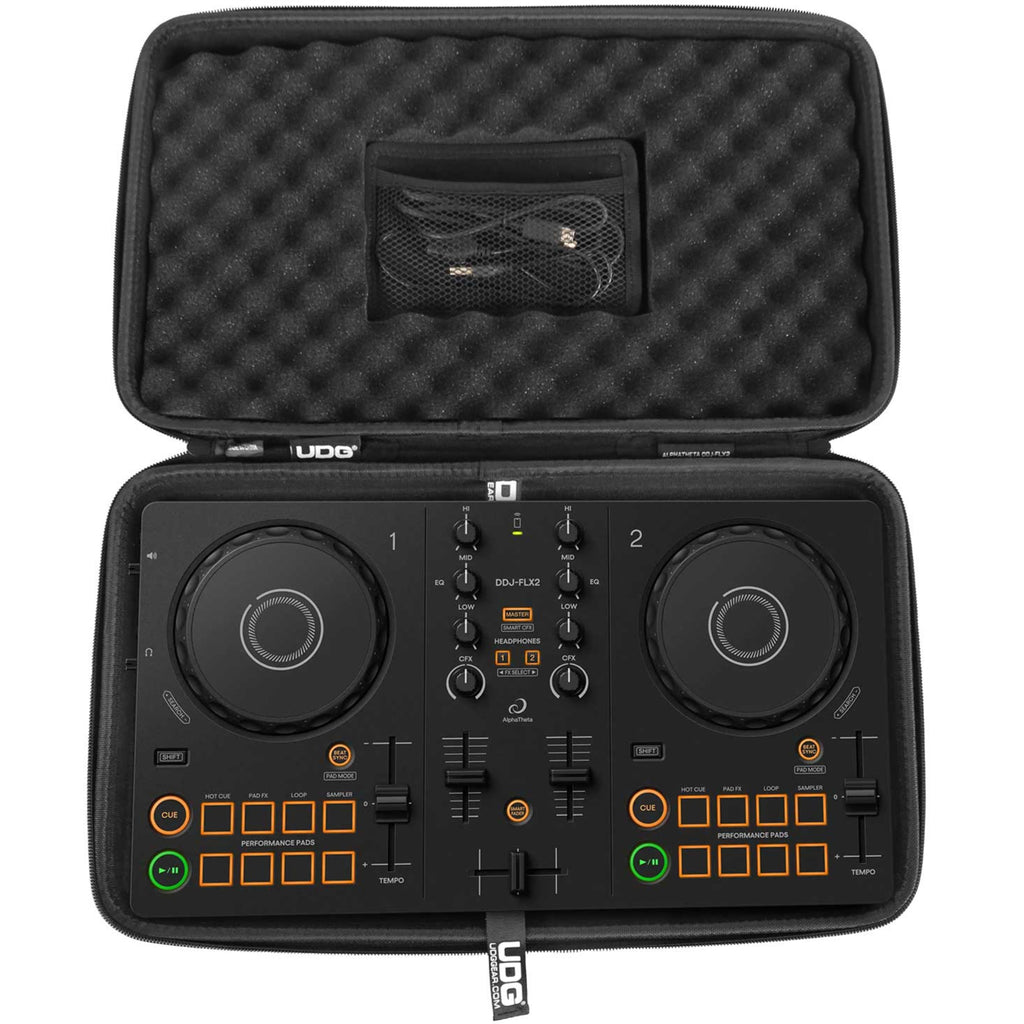 UDG Creator AlphaTheta DDJ-FLX2 hardcase in black with padded interior and sturdy exterior for DJ equipment protection.