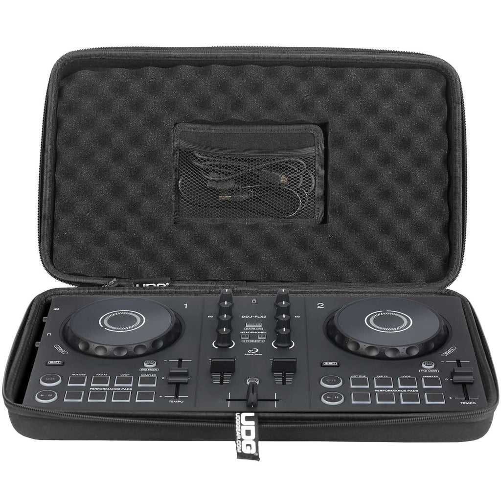 UDG Creator AlphaTheta DDJ-FLX2 black DJ hardcase showing sturdy exterior and secure handle for DJ equipment protection.