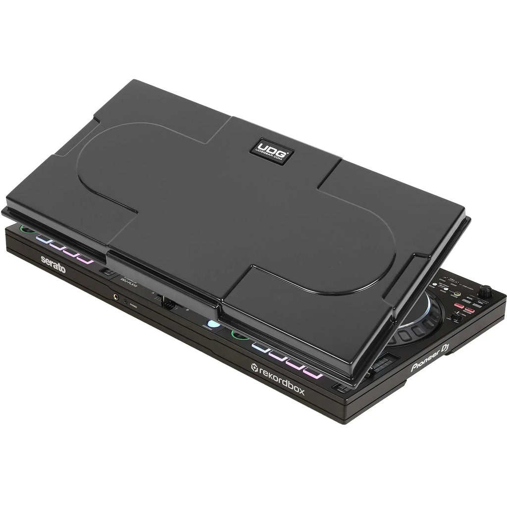 UDG Ultimate Pioneer DJ DDJ-FLX10 equipment cover showing a sleek black DJ gear cover with UDG branding and padded protective design.
