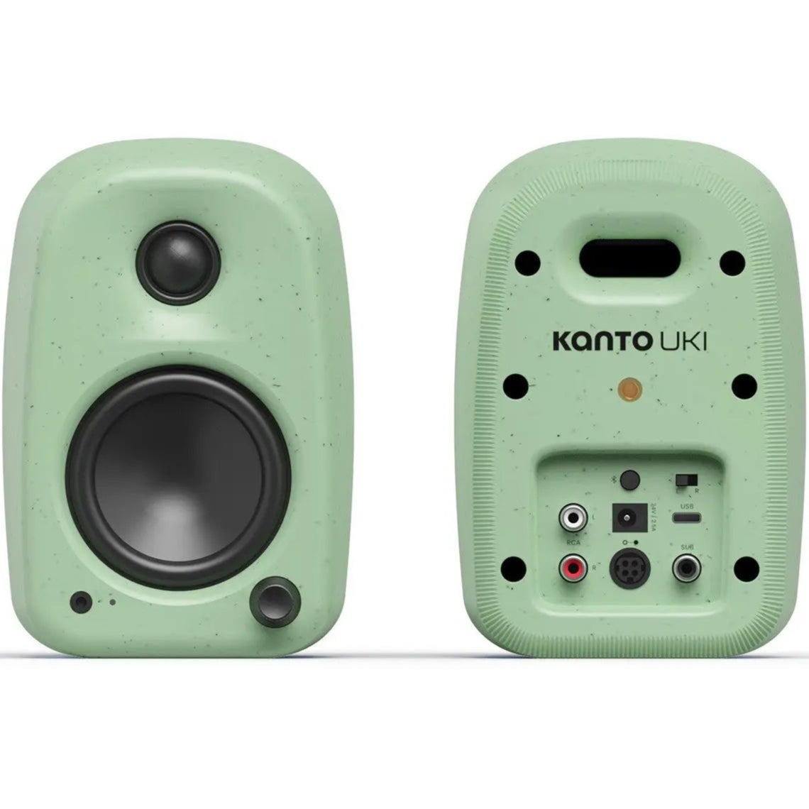 Kanto Audio UKI desktop speakers with dual straight design, featuring sleek black finish and compact size for desktop audio setup.
