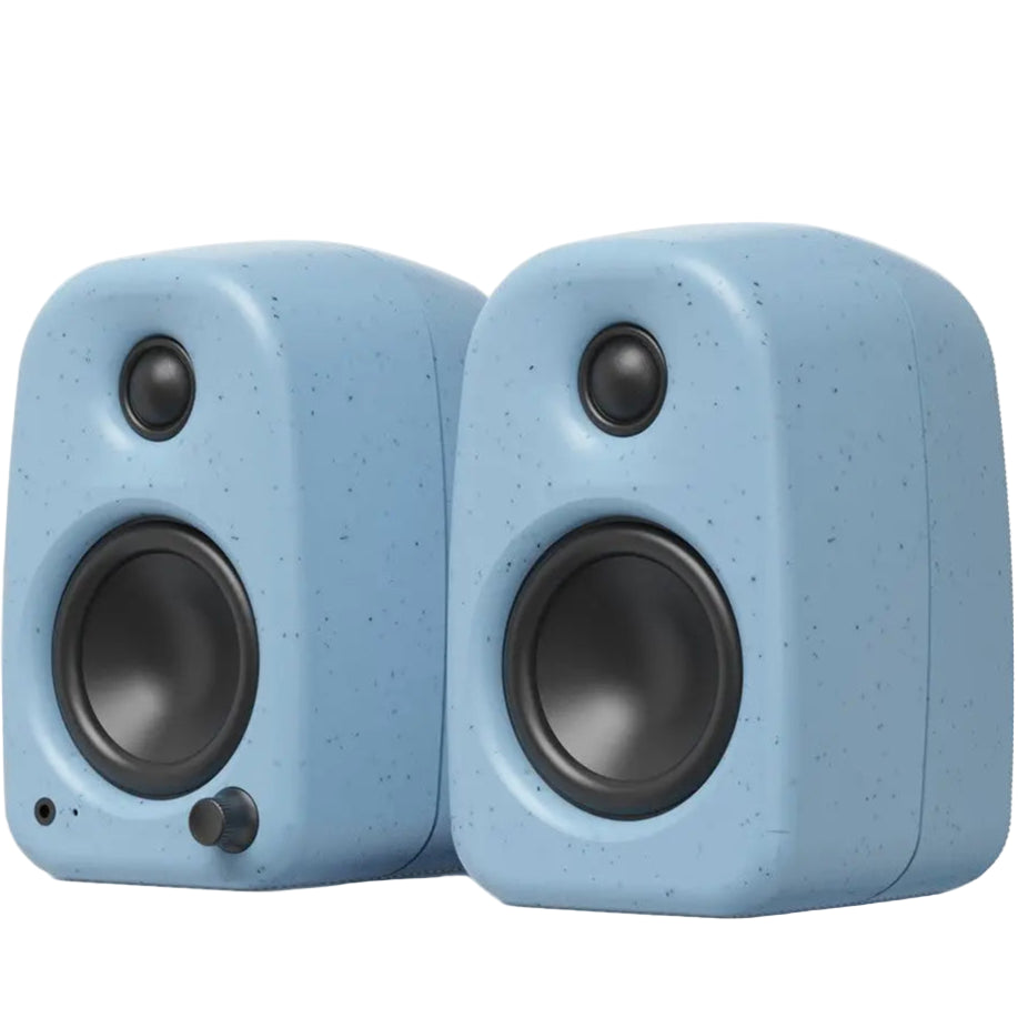 Kanto Audio UKI desktop speakers with black rectangular cabinets and front-facing speaker drivers, positioned side by side.