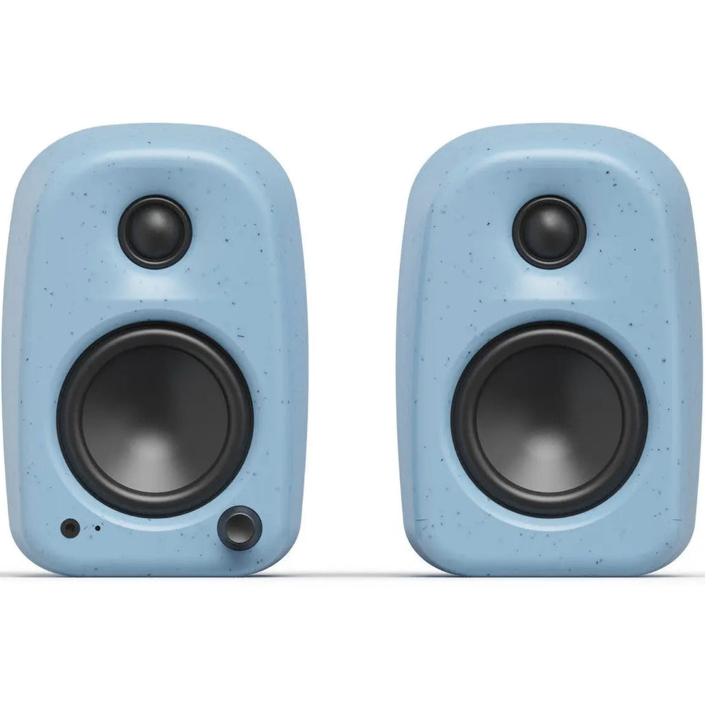 Kanto Audio UKI desktop speakers in black, front view showing sleek design and speaker grille for high-quality sound.