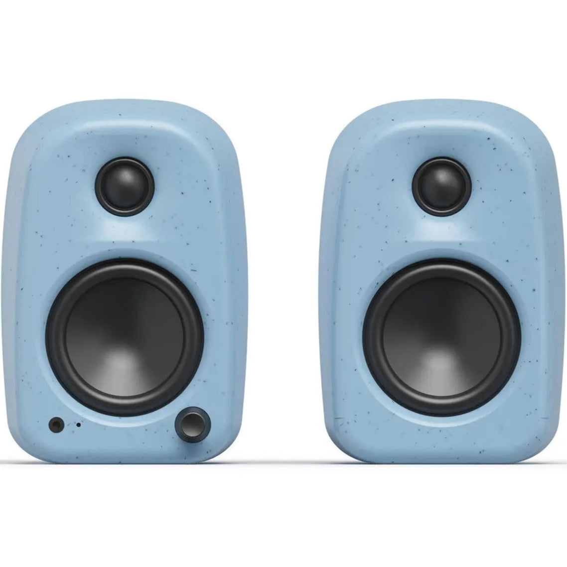 Kanto Audio UKI desktop speakers in black, front view showing sleek design and speaker grille for high-quality sound.