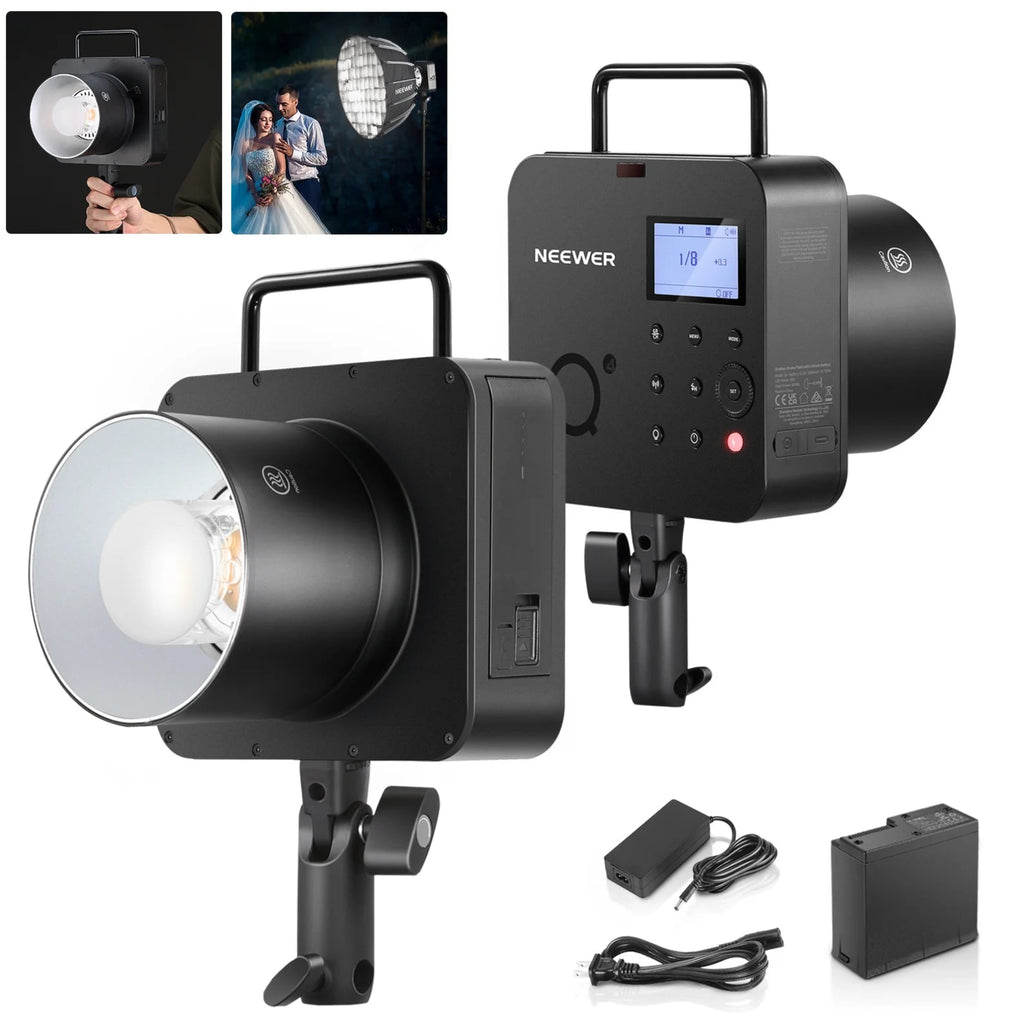 Neewer Q4 400Ws 2.4G TTL studio flash with adjustable head and control panel for professional photography lighting.