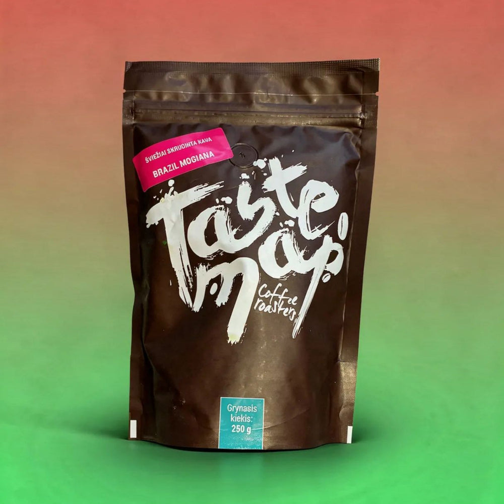 Illustration of Taste Map Brazil Mogiana specialty ground coffee bag, highlighting its regional origin and product type.