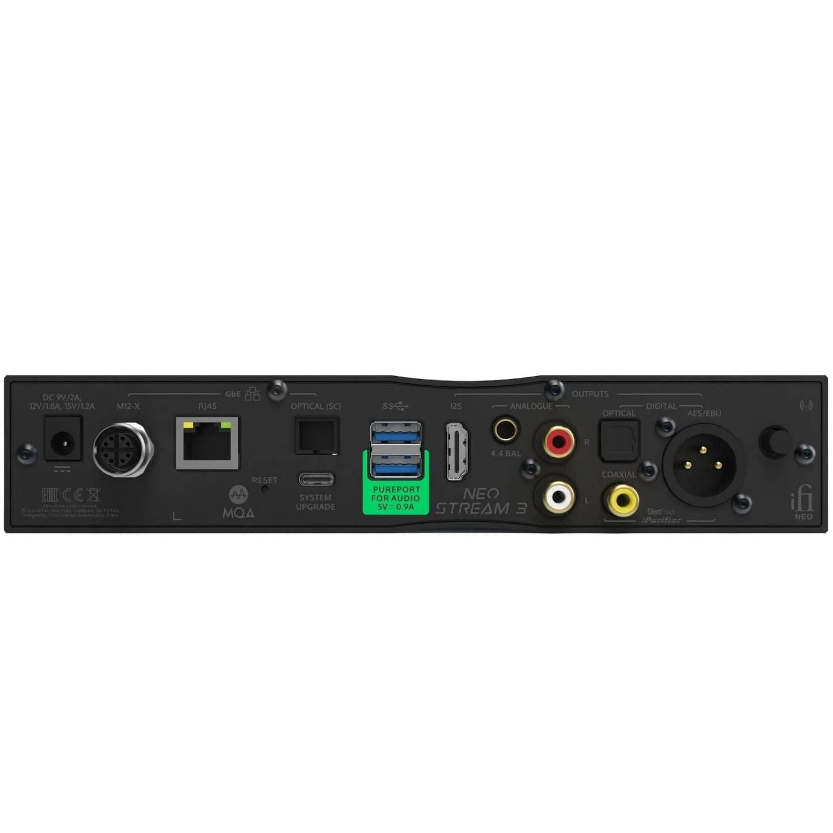 iFi Audio NEO Stream 3 music streamer device with sleek black design and front display, connected to audio equipment.