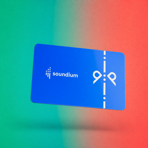 Soundium gift card featuring a colorful, abstract illustration with vibrant shapes and patterns on a white background.