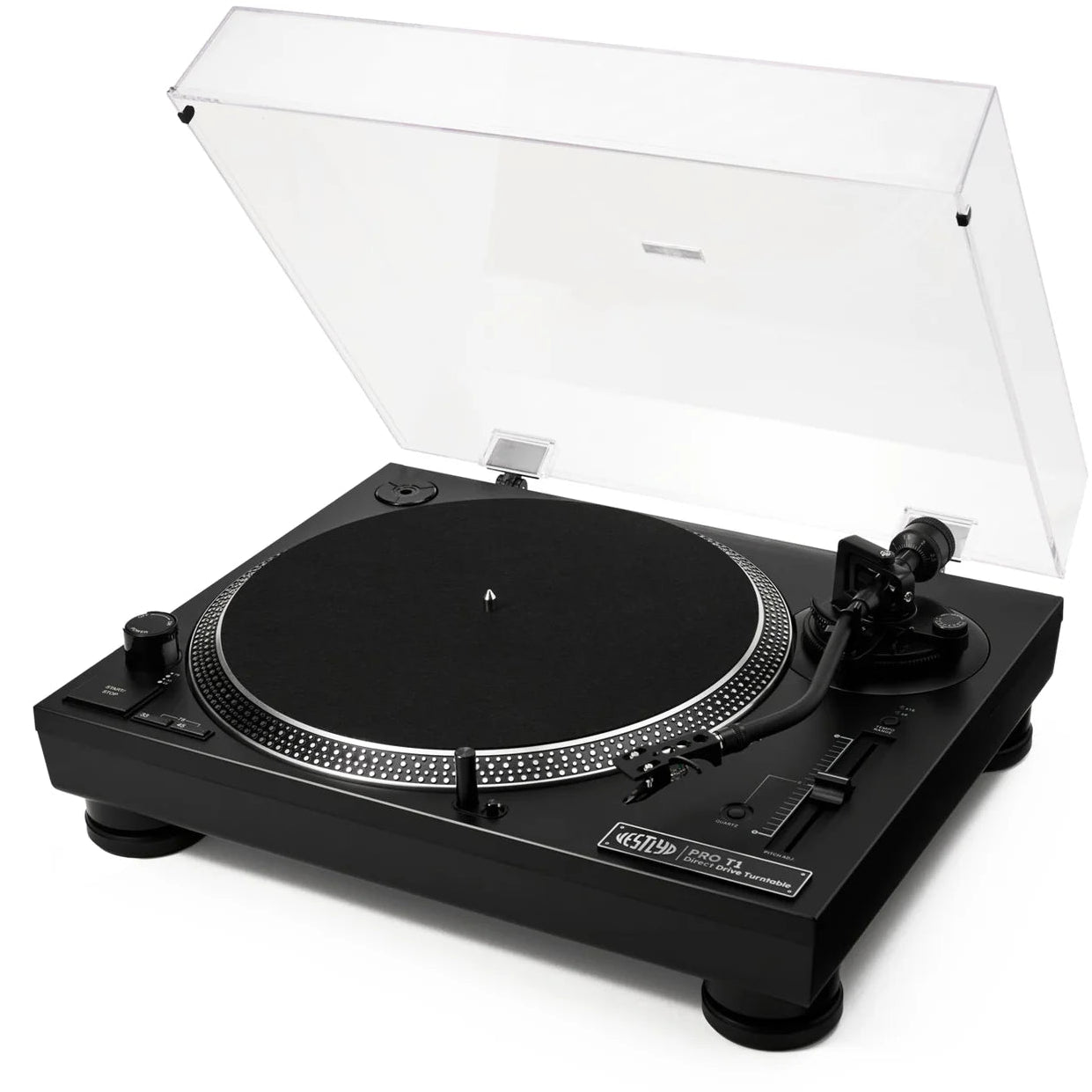 Vestlyd Vestlyd Pro T1 DJ turntables with black finish, featuring professional controls and a sleek design for mixing music.
