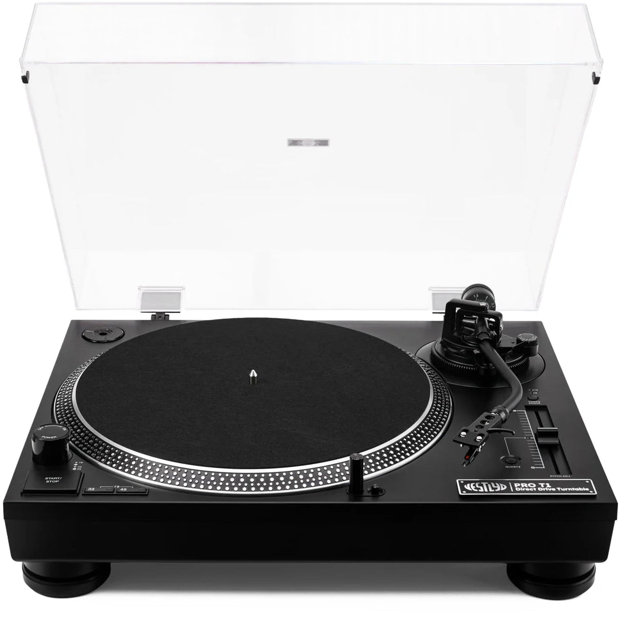 Vestlyd Vestlyd Pro T1 DJ turntables with black finish, featuring control knobs and sleek design for professional DJ performance.