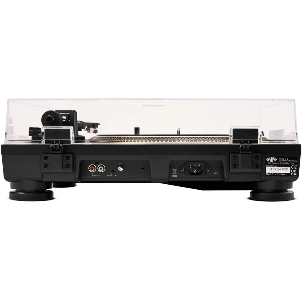 Vestlyd Vestlyd Pro T2 turntable in black with tonearm and control knobs, showcasing sleek audio equipment design.