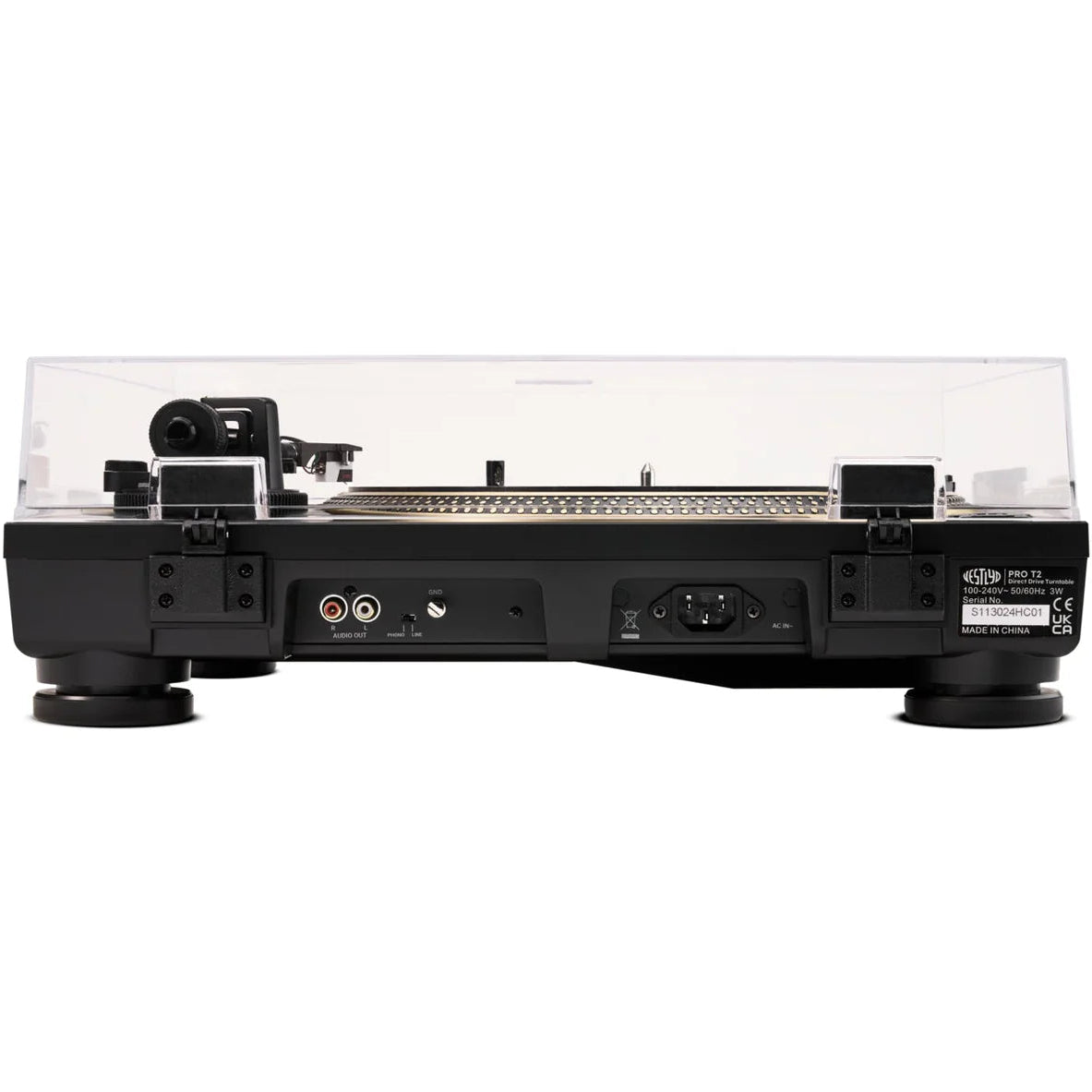 Vestlyd Vestlyd Pro T2 turntable in black with tonearm and control knobs, showcasing sleek audio equipment design.