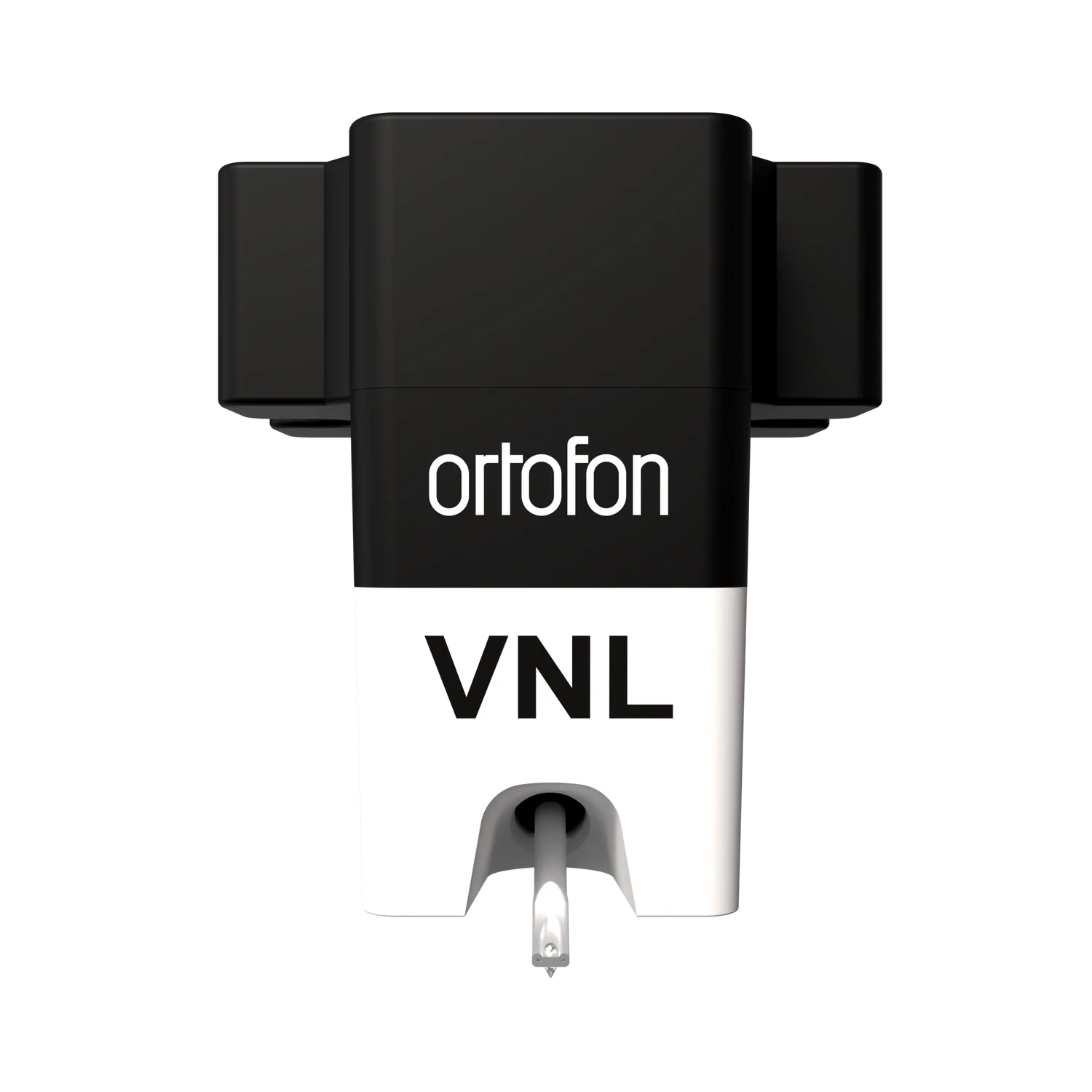 Ortofon VNL TRIX turntable cartridge with stylus, shown from the front, designed for high-quality vinyl record playback.