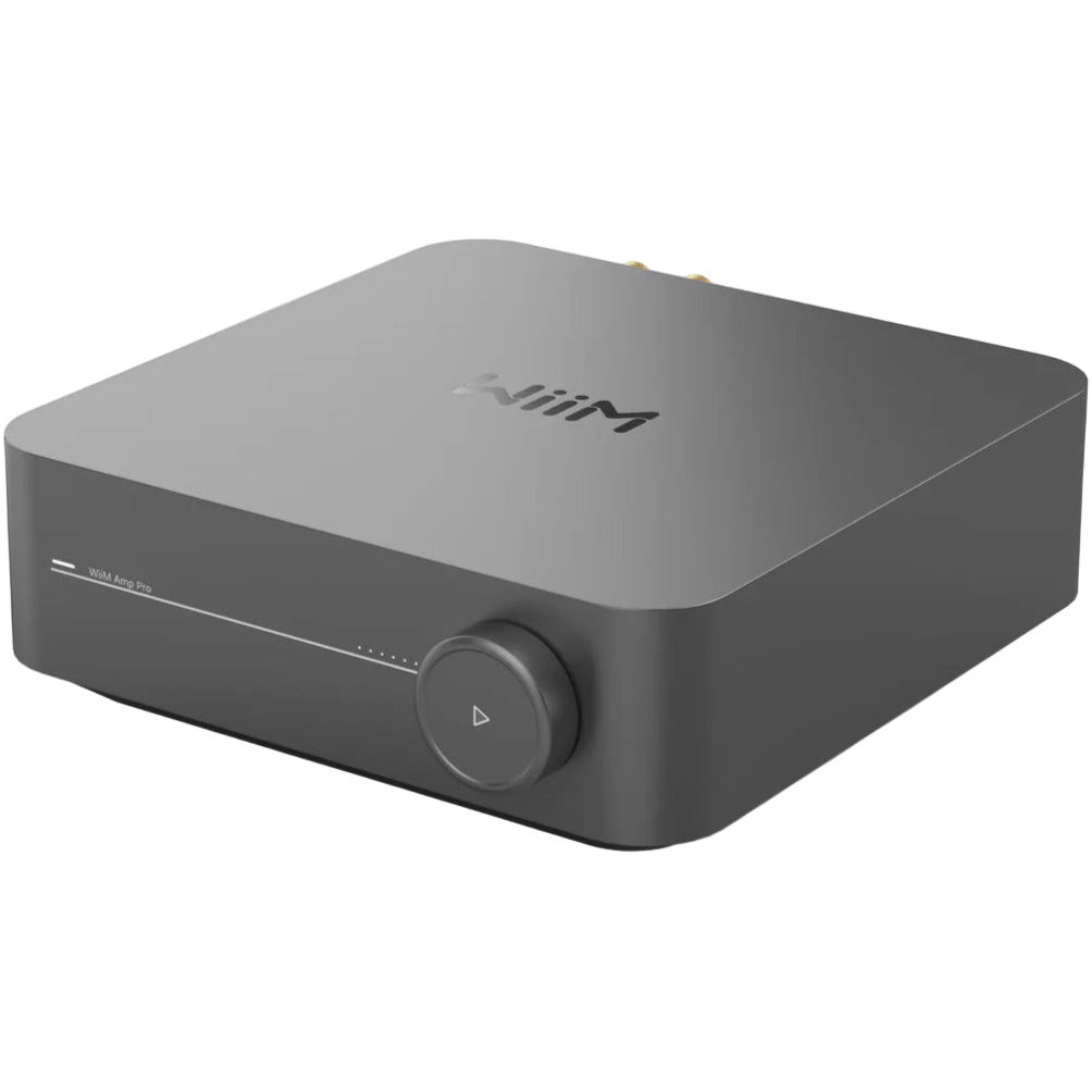 WiiM AMP Pro music streamer device with sleek black design and front display, used for high-quality audio streaming.
