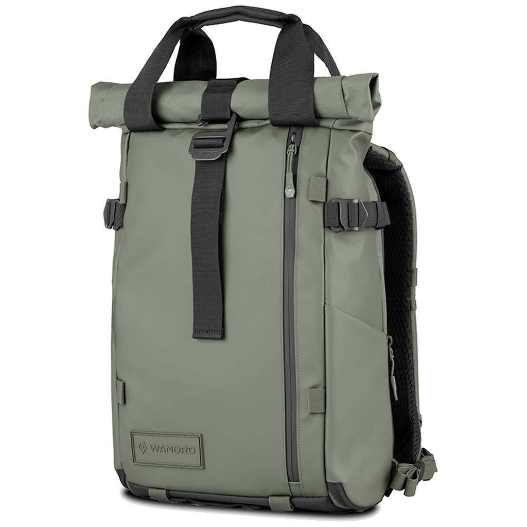 Wandrd Prvke 15L photo bundle video equipment bag in Wasatch Green, angled view showing compact design and durable material.