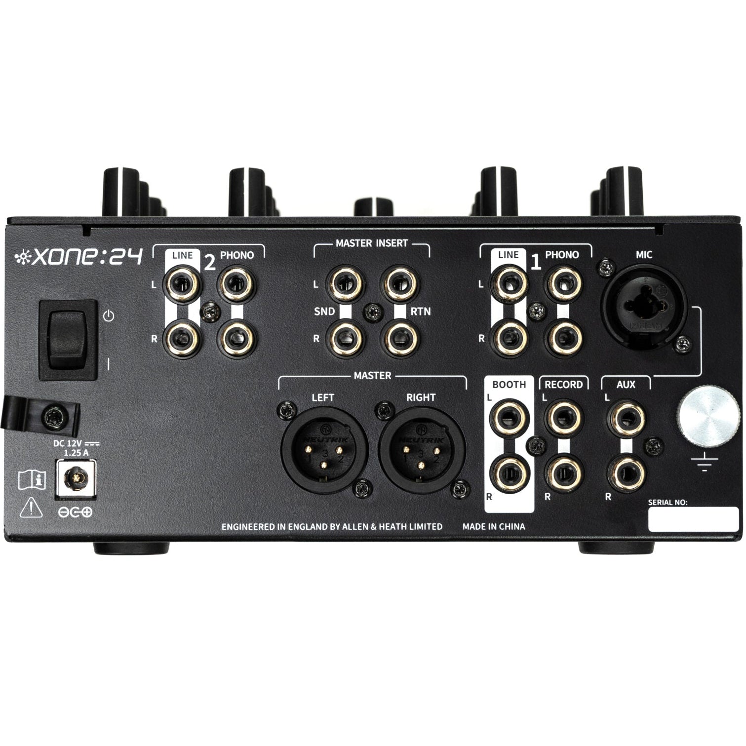 Rear view of the Allen & Heath Xone:24 DJ mixer showing input and output connections.