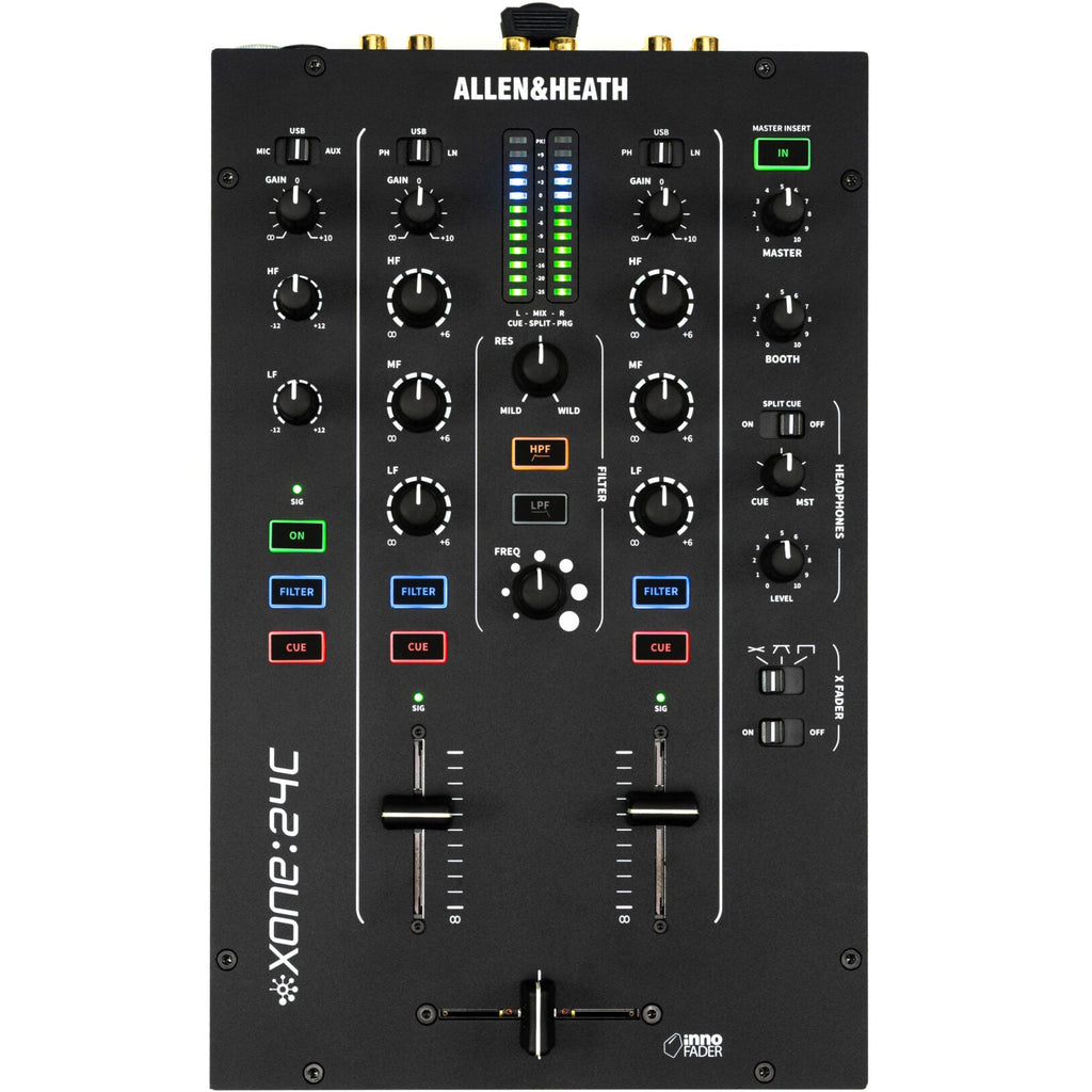 Allen & Heath Xone:24C DJ mixer with top master insert and shorting plugs, showcasing its professional audio interface and controls.