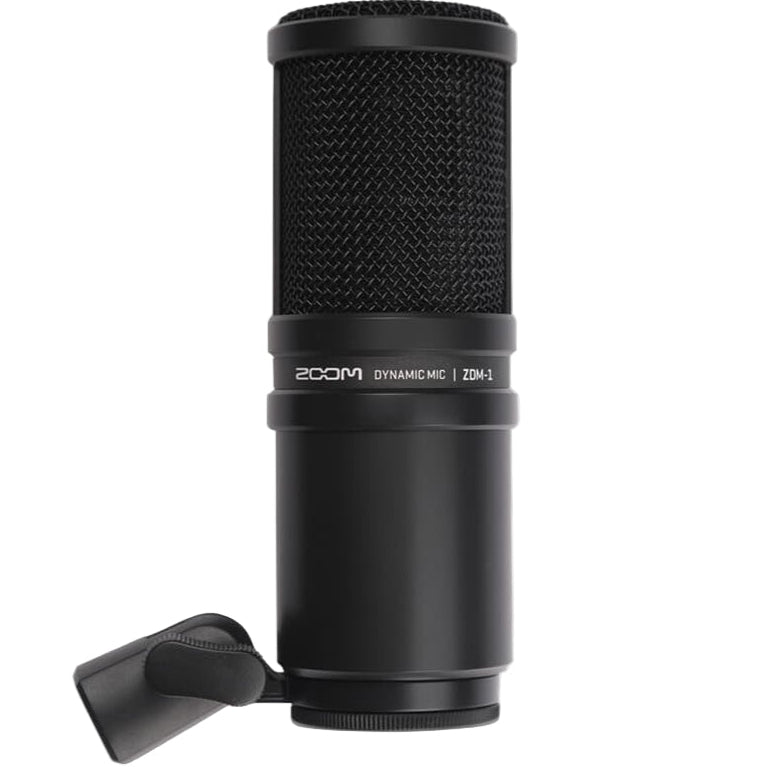 Zoom ZDM-1 dynamic microphone shown with its sleek design and professional build, ideal for live vocals and studio recording.