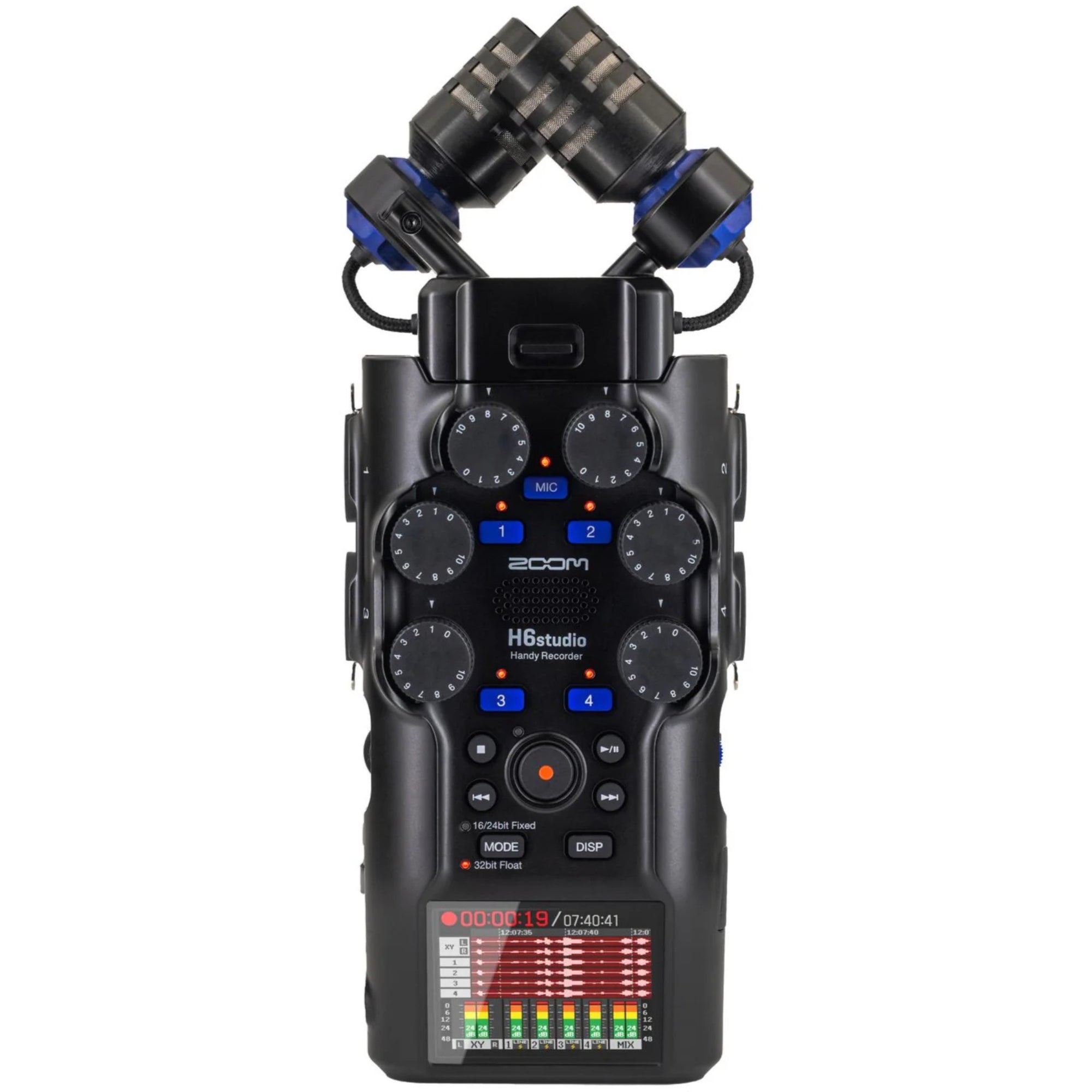 Zoom H6studio digital recorder with multiple input ports and colorful interface, designed for professional audio recording.