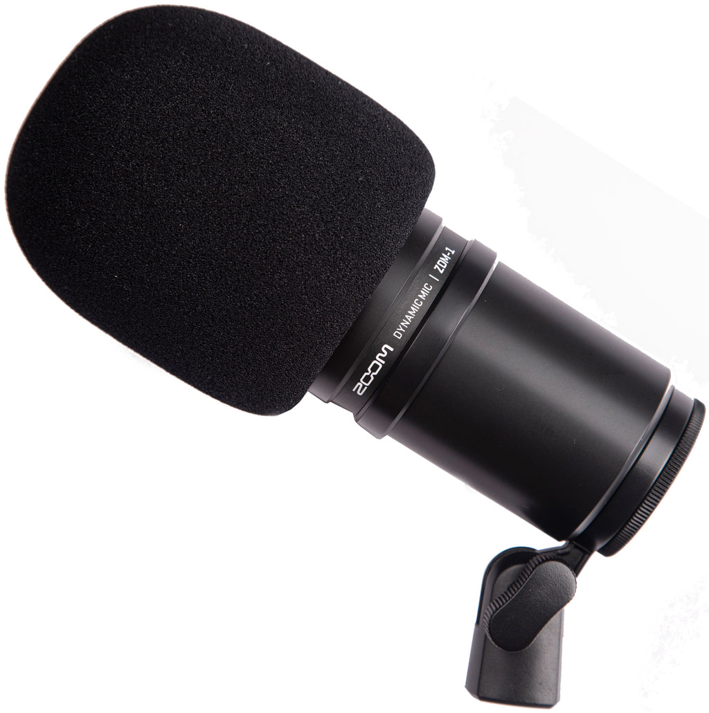 Zoom ZDM-1 dynamic microphone with windscreen, featuring a sleek black design and professional audio recording capabilities.