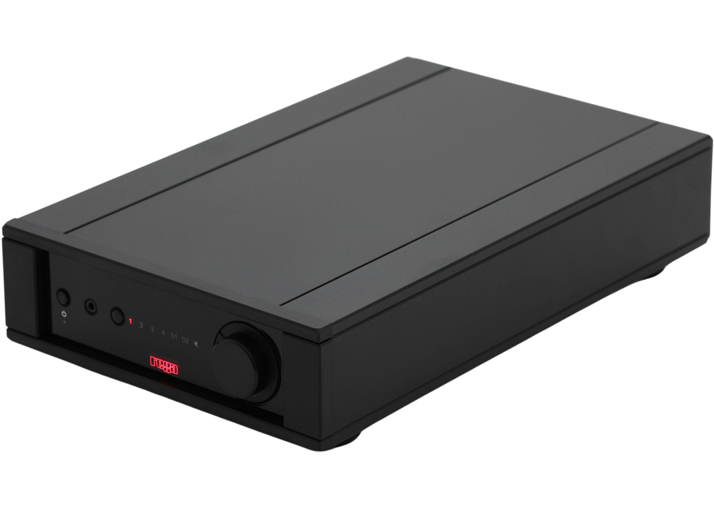 Rega Brio MK7 phonopreamplifier with sleek black design and control knobs, used for high-quality vinyl record playback.