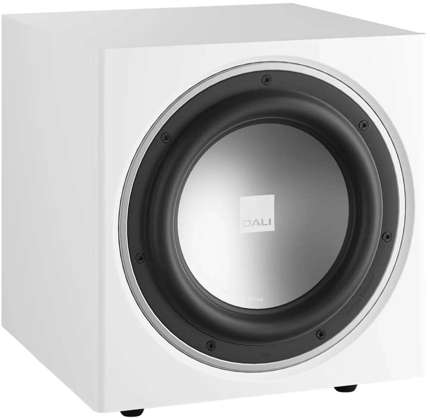 DALI Sub E-9 F subwoofer with black enclosure and driver, designed for deep bass in home audio systems.