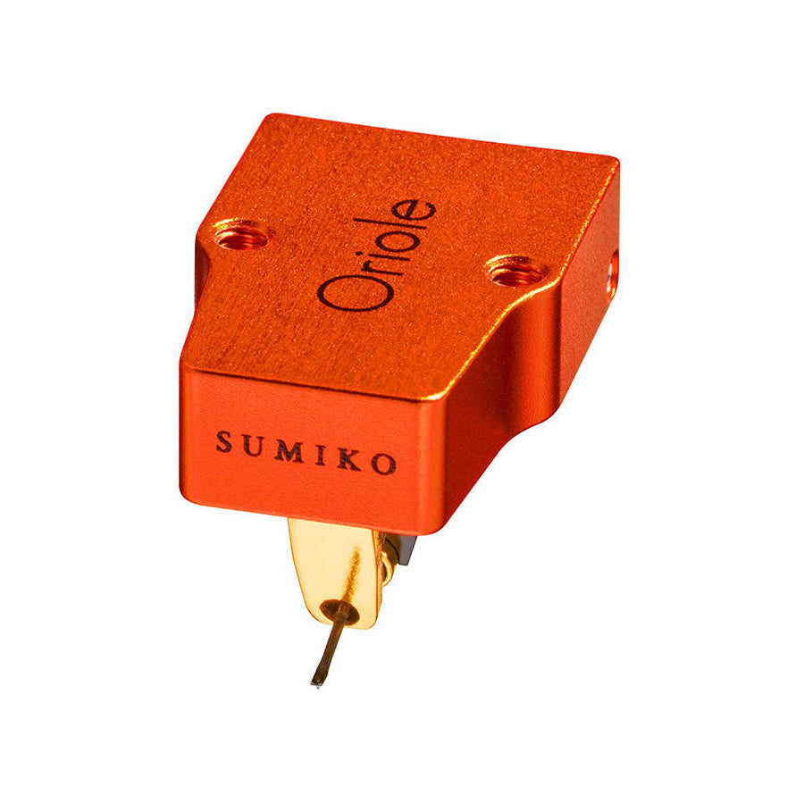 Sumiko Oriole MC phono cartridge mounted on a turntable, showcasing its sleek design and high-quality build.