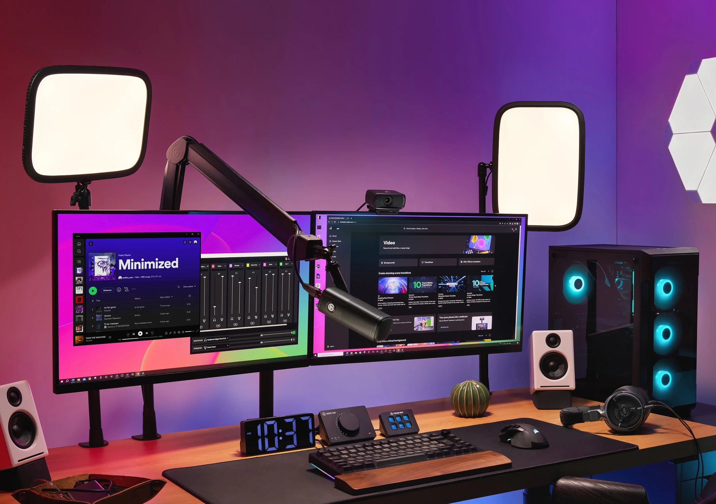 Elgato Facecam MK2 video camera mounted on a desk with a laptop and microphone, used for streaming and content creation.
