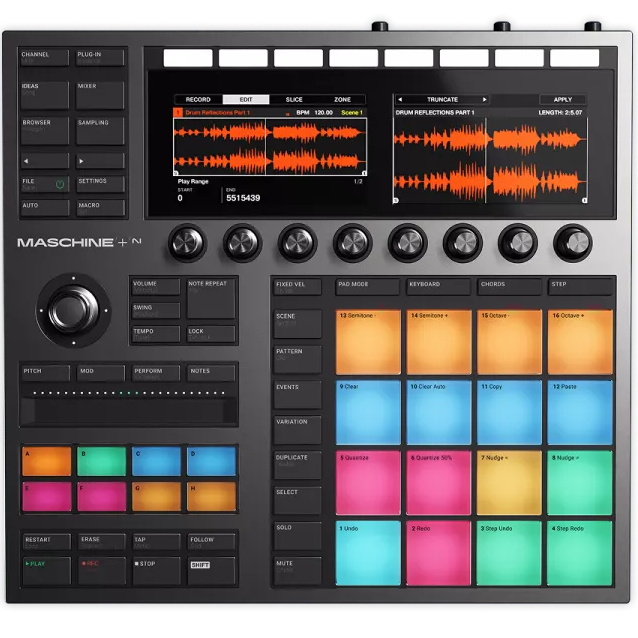 Native Instruments Maschine+ drum machine and sampler with colorful control pads and built-in screen, ready for music production.