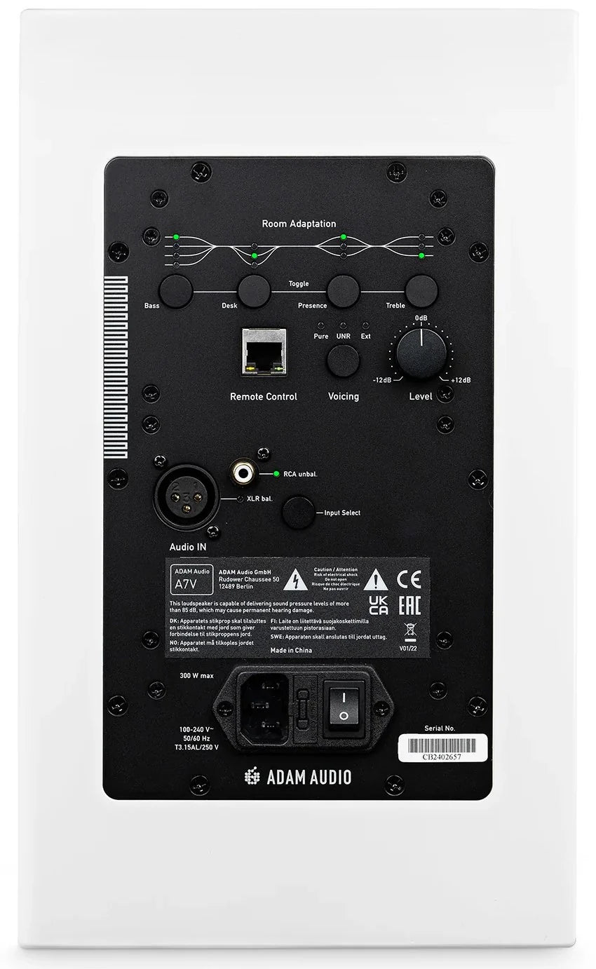 Adam Audio A7V active nearfield studio monitors with white finish and anniversary edition backplate, showcasing their sleek design.