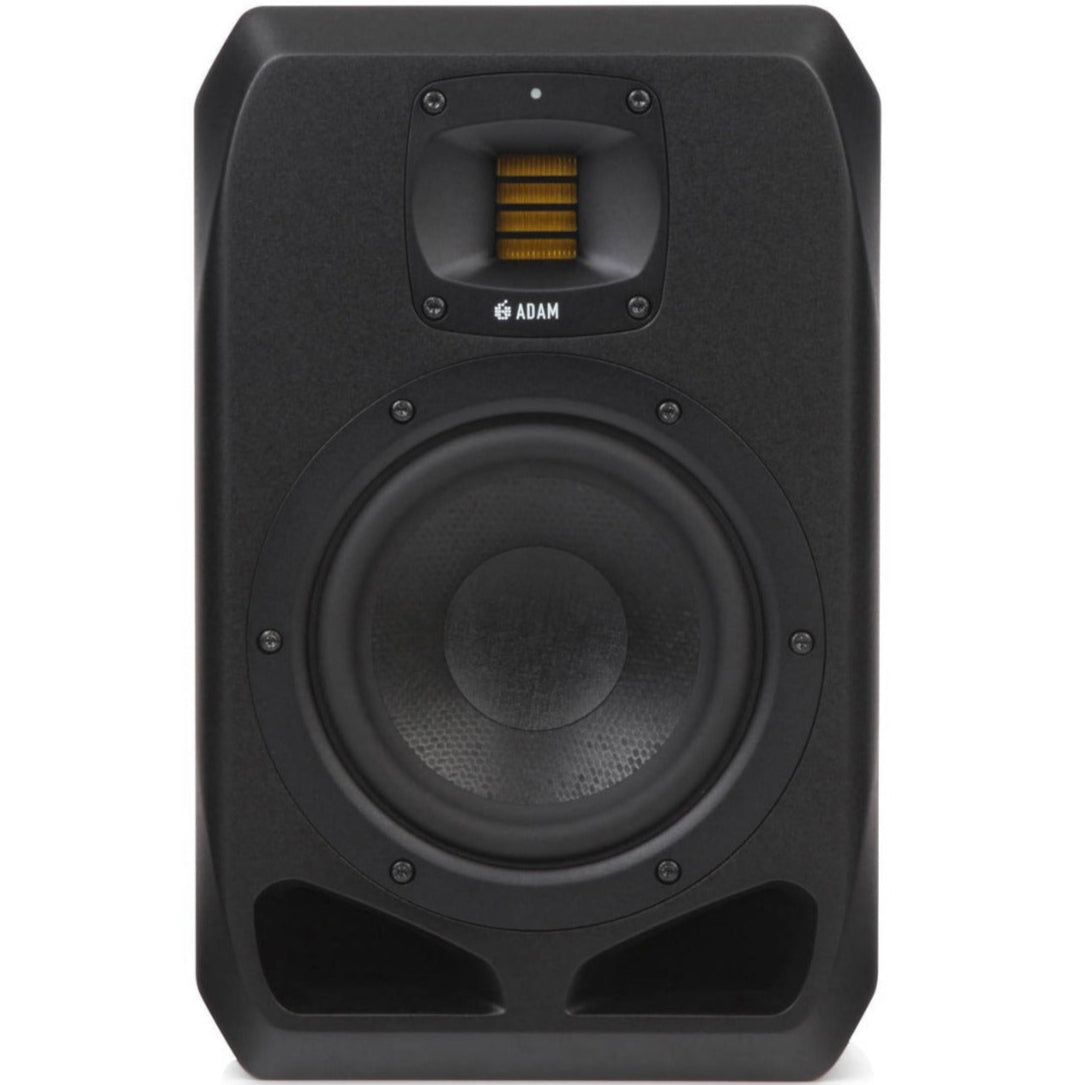 Adam Audio S2V mid-field and main studio monitors shown from a side angle, featuring sleek black cabinets and detailed driver components.