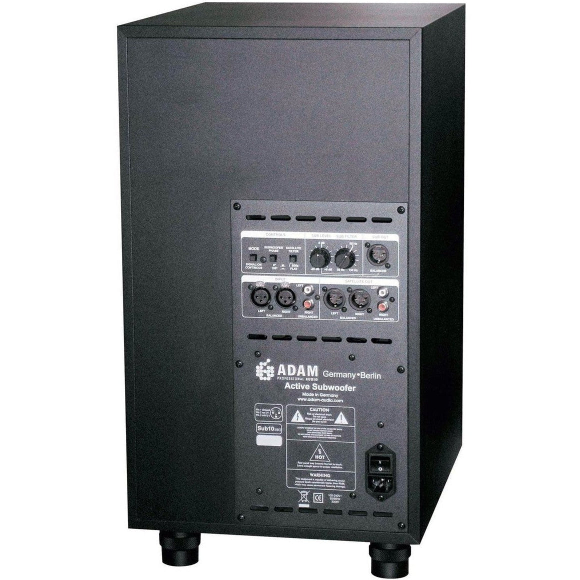 Adam Audio Sub10 MK2 subwoofer with sleek black enclosure and control panel, designed for high-quality audio monitoring.
