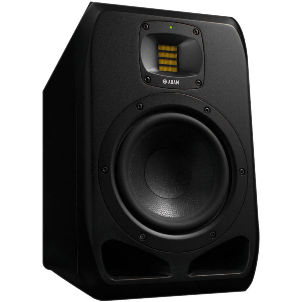 Adam Audio S2V mid-field and main studio monitors shown from the front, highlighting their sleek design and speaker cones.