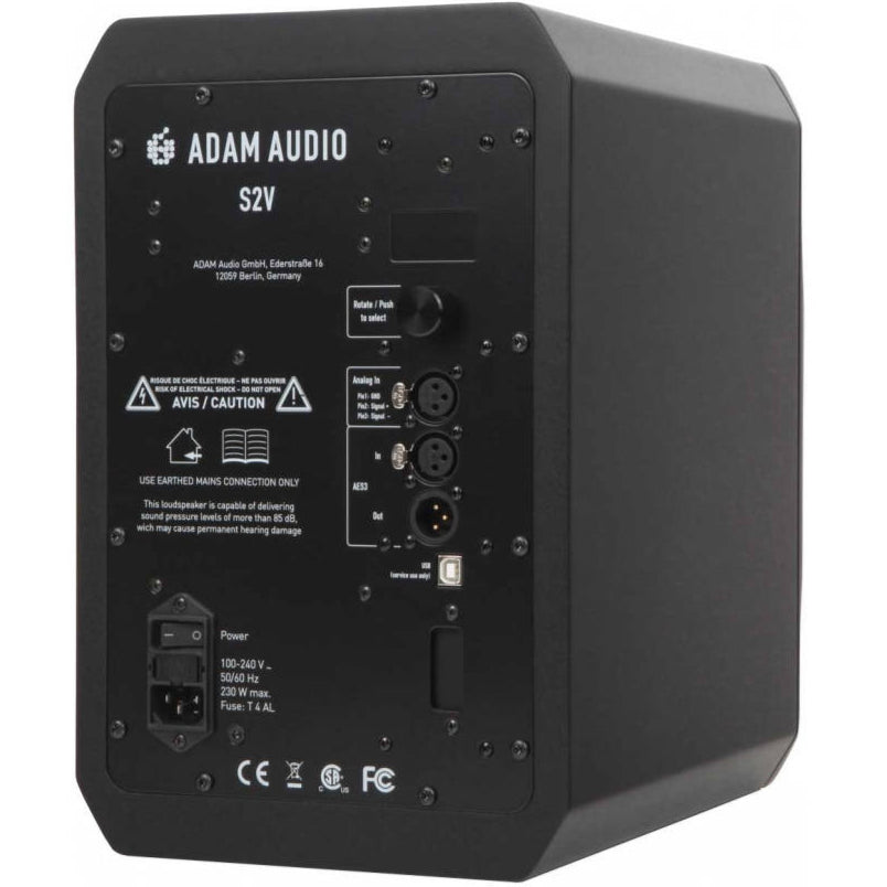Adam Audio S2V mid-field and main studio monitor speaker with sleek black design and detailed speaker components.