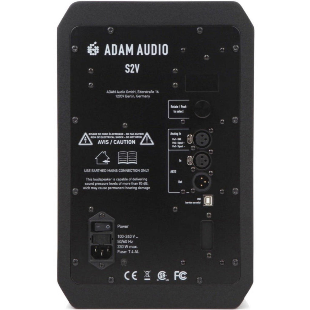 Adam Audio S2V mid-field and main studio monitors shown from a front view with detailed speaker drivers and sleek black design.