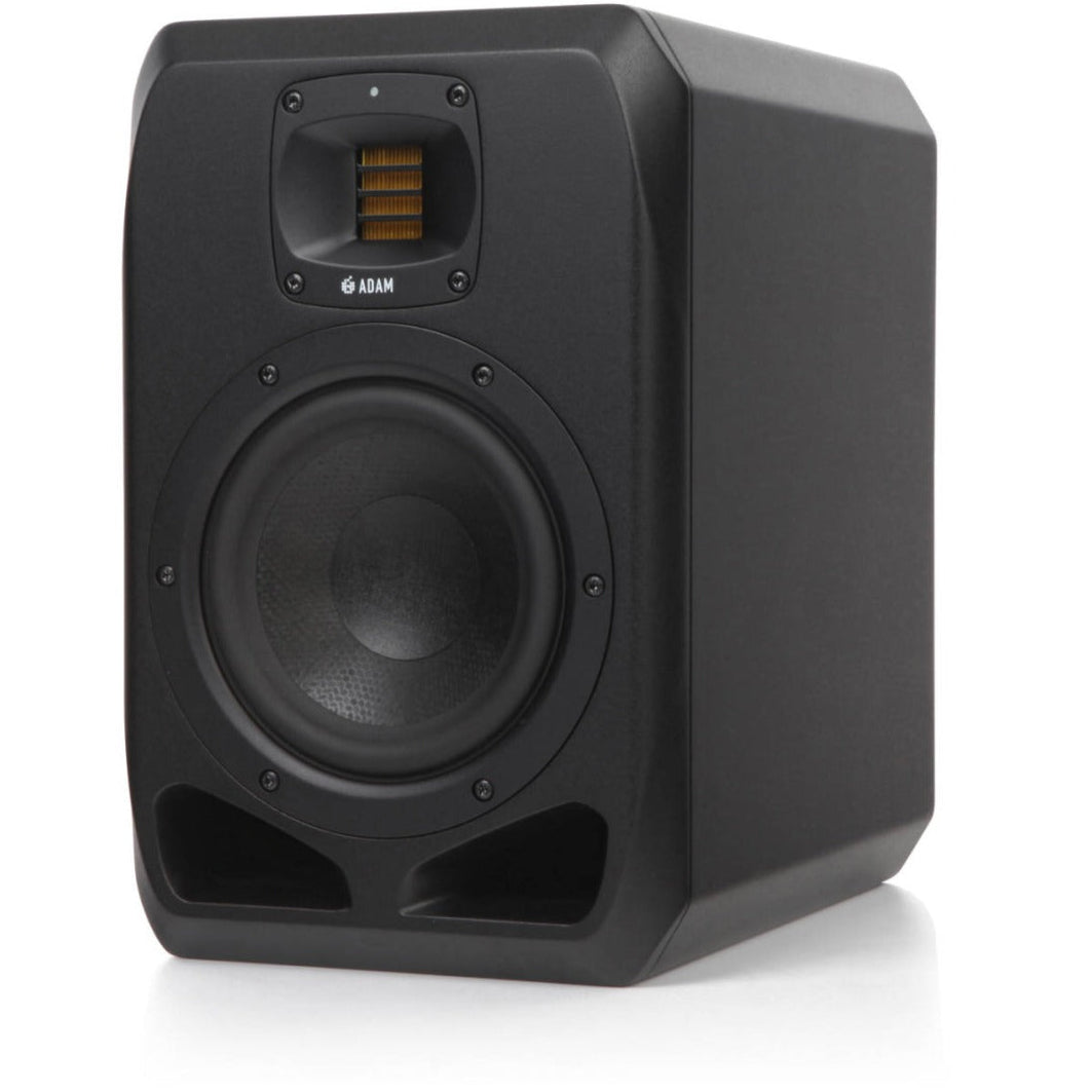 Adam Audio S2V mid-field and main monitors with sleek black enclosure and detailed speaker cones, designed for professional studio use.