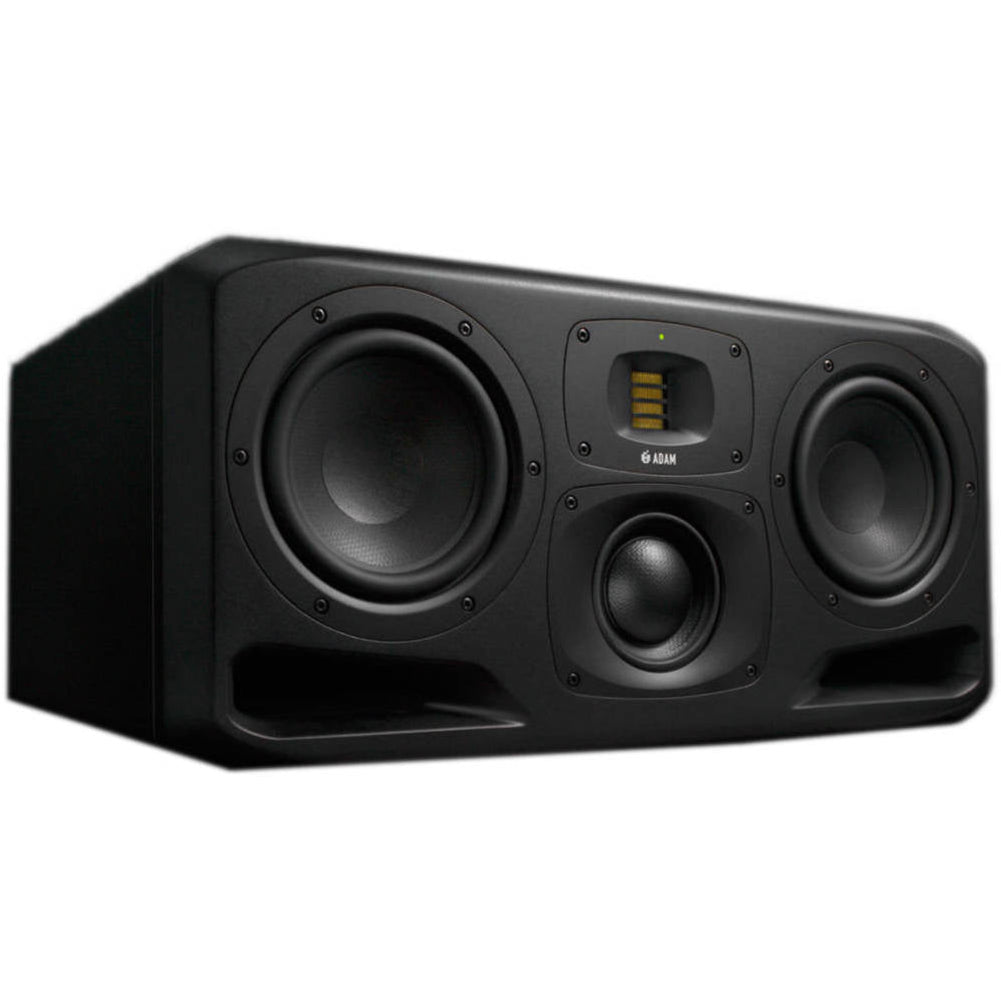 Adam Audio S3H mid-field and main monitors showing sleek black speaker cabinets with front-facing drivers and control panels.