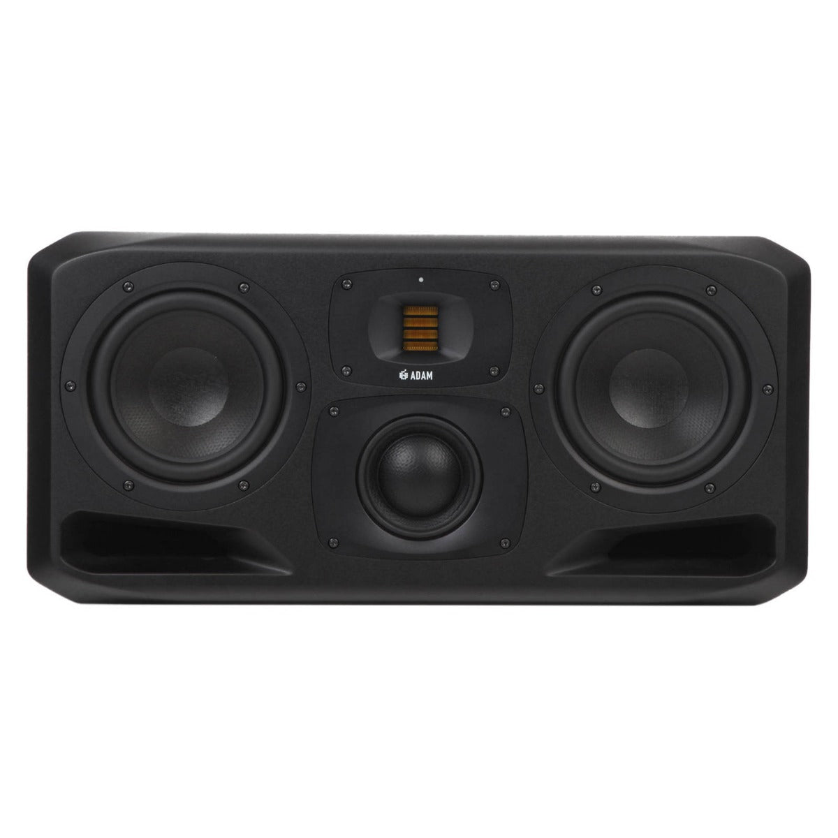 Adam Audio S3H mid-field and main monitors, showing sleek black finish and detailed speaker drivers for high-quality audio production.