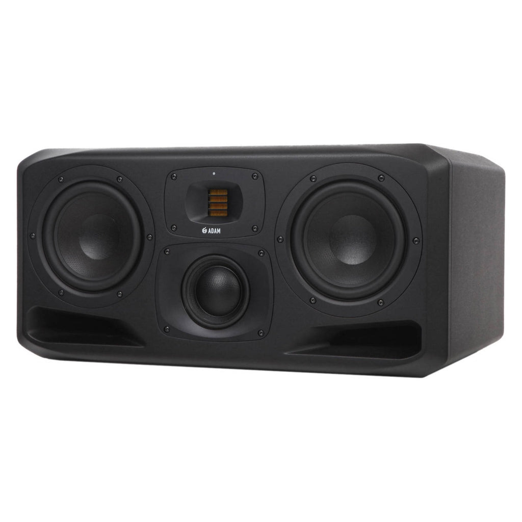 Adam Audio S3H mid-field and main monitors with sleek black cabinets and detailed speaker drivers for professional studio use.