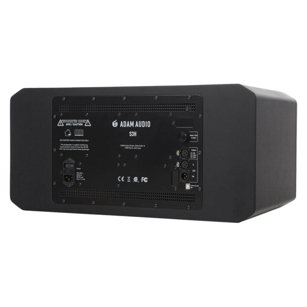 Adam Audio S3H mid-field and main studio monitors with sleek black design and detailed speaker drivers.