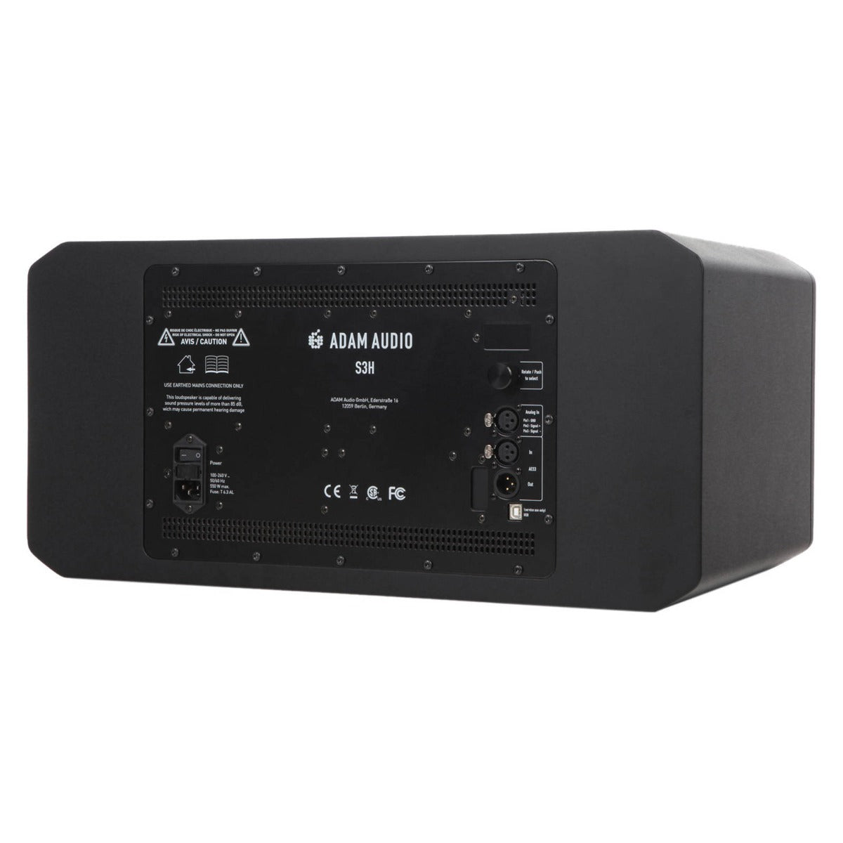 Adam Audio S3H mid-field and main studio monitors with sleek black design and detailed speaker drivers.