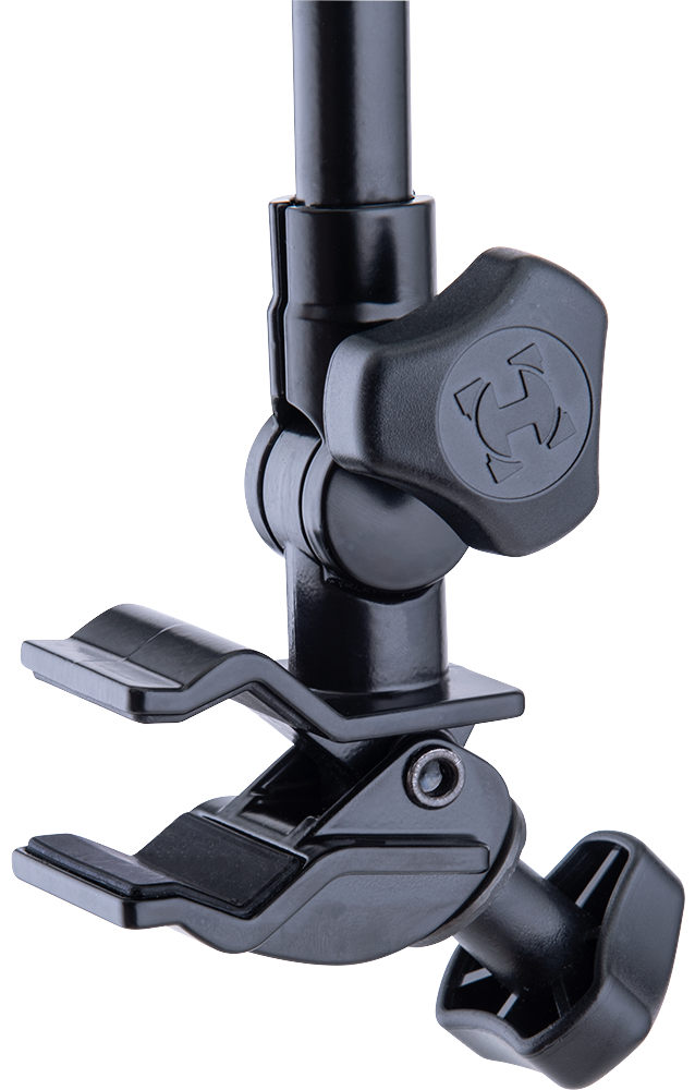 Hercules Stands HCDG-307B microphone clamp attached to a multimedia stand for secure microphone positioning.